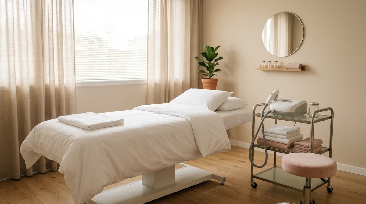An empty treatment room with a linen-covered table, rolling equipment cart and folded towels.
