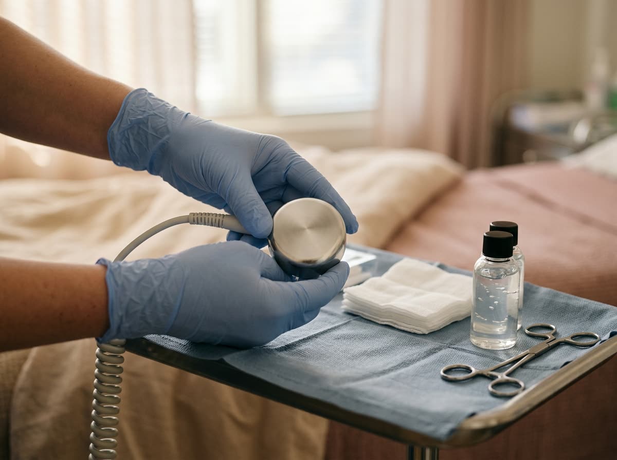 Gloved hands lift a smooth applicator head from a draped tray beside gauze and a clear bottle.