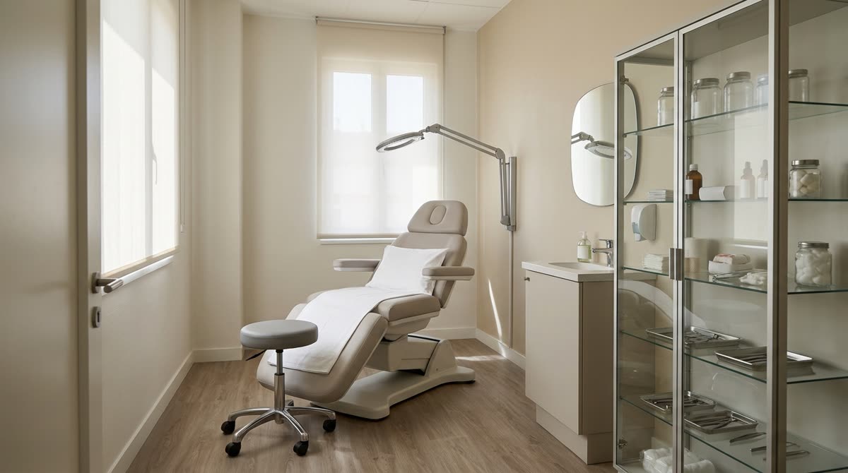 A quiet consultation room with a reclining chair, adjustable lamp and a glass supply cabinet.