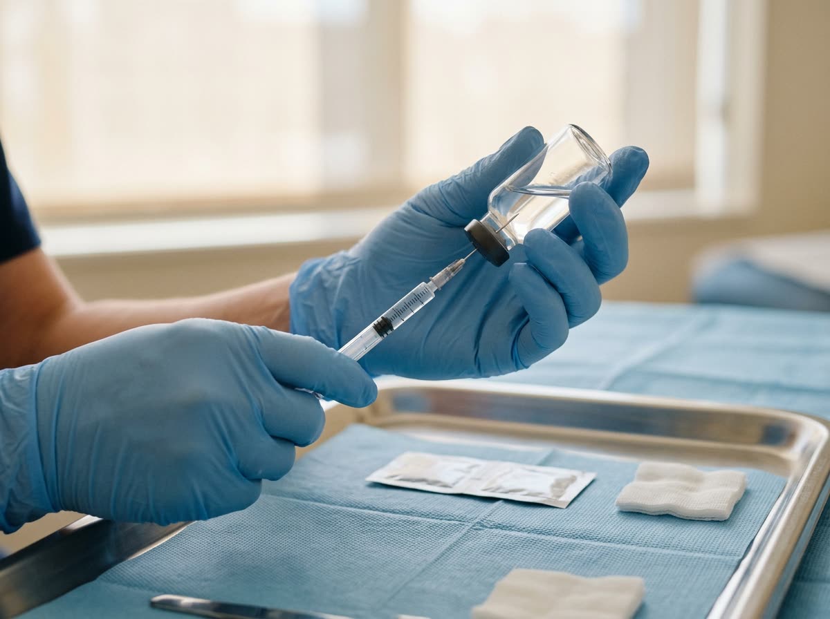 Gloved hands draw liquid from a plain unlabeled vial into a fine syringe on a stainless tray.