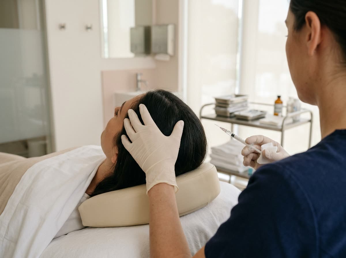 A gloved hand steadies the temple of a reclined person whose face is turned away from view.