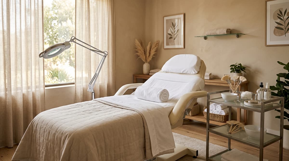A facial treatment room with a reclining bed, magnifying lamp and a trolley of bowls and brushes.