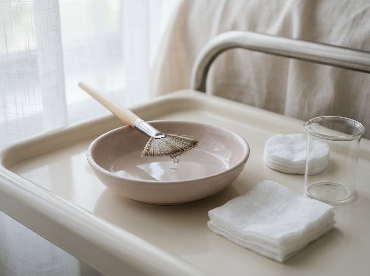 A fan brush rests in a shallow bowl of clear liquid beside gauze squares and cotton rounds.