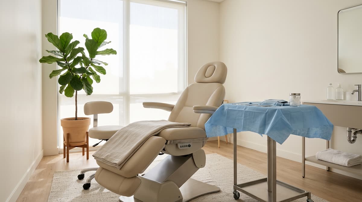 A treatment suite with a partly reclined chair, rolling stool and a draped instrument table.