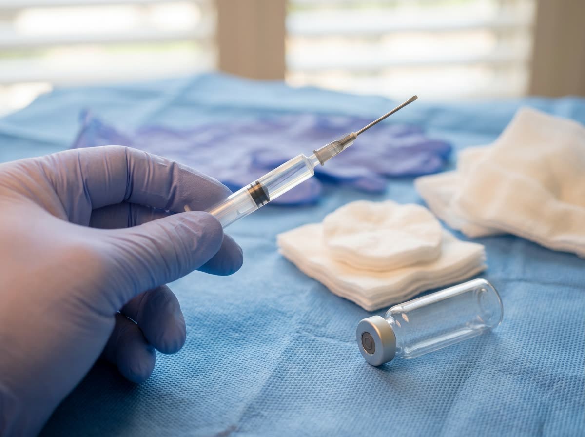 A gloved hand holds a slim syringe over a blue drape with cotton rounds and a plain vial.