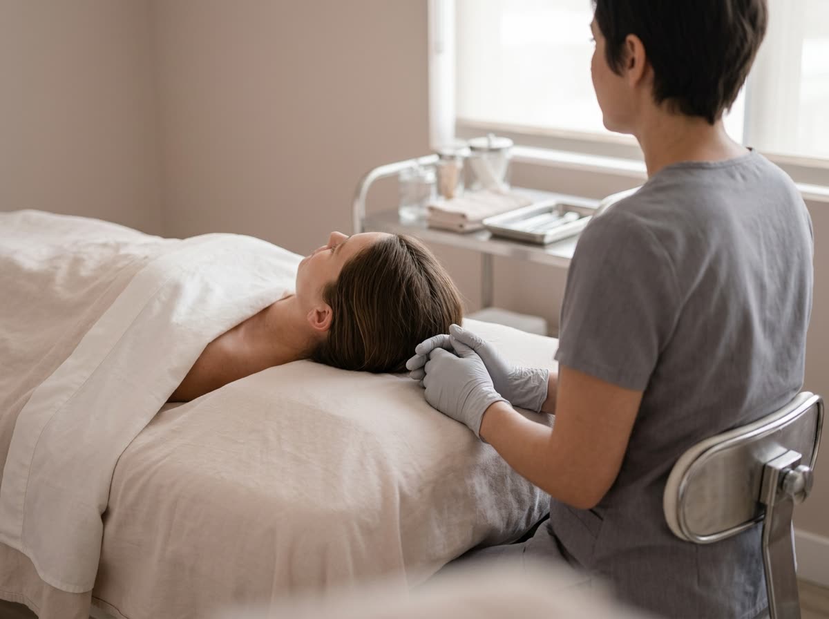 A seated provider, back to camera, works beside a reclined person whose head is turned away.