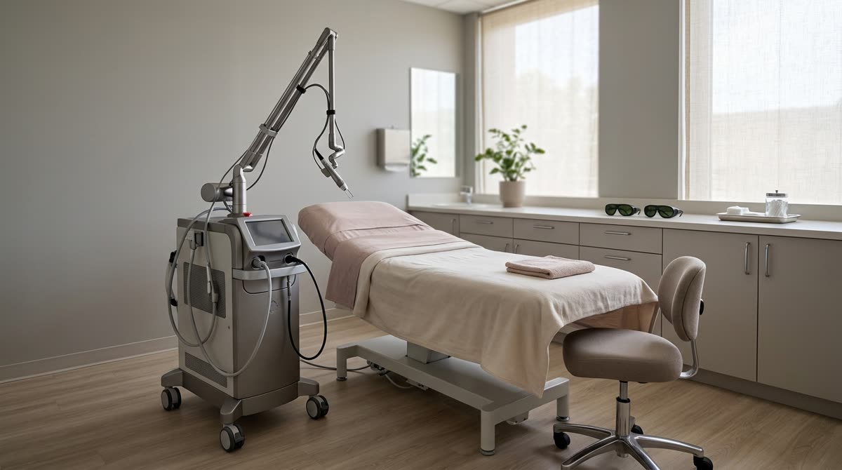 A treatment room with a wheeled laser platform, articulated arm and goggles on the counter.