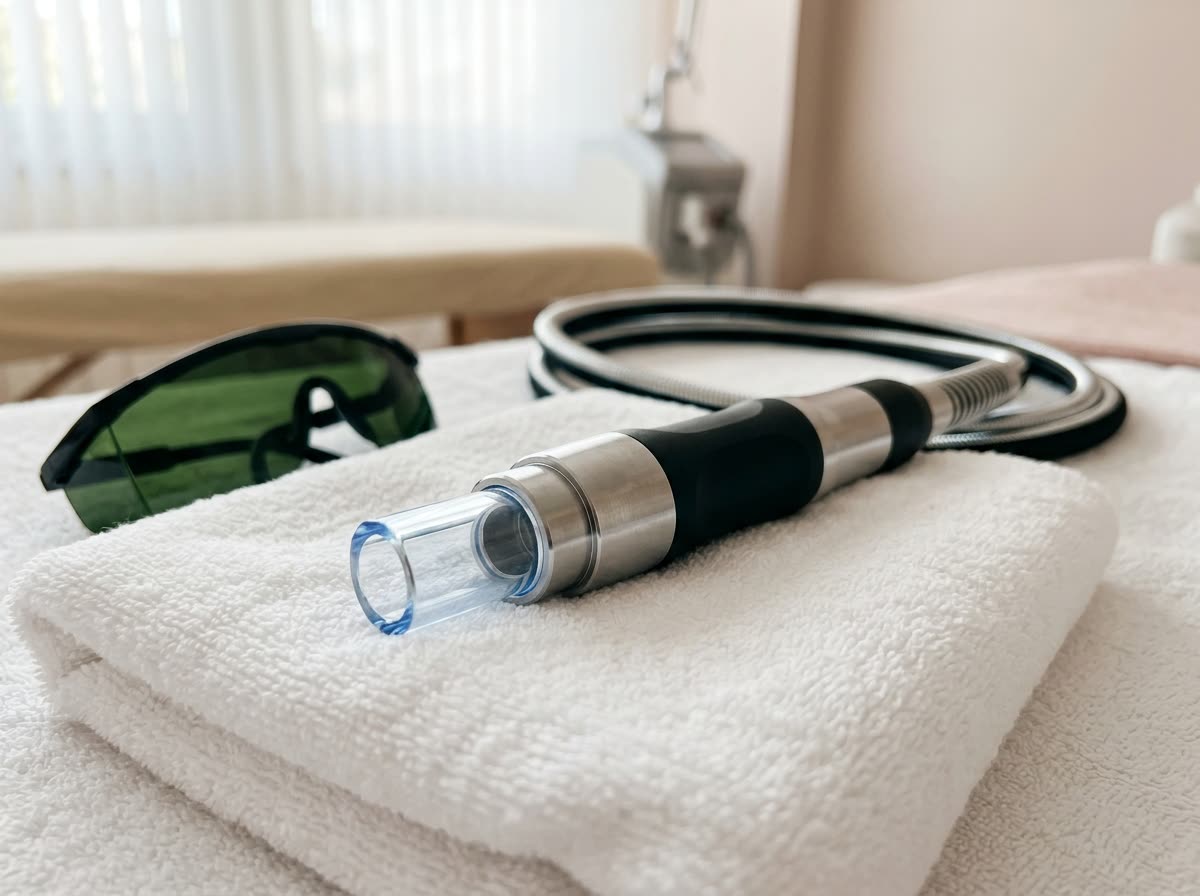A laser handpiece with a cooling tip lies on a folded towel next to protective goggles.