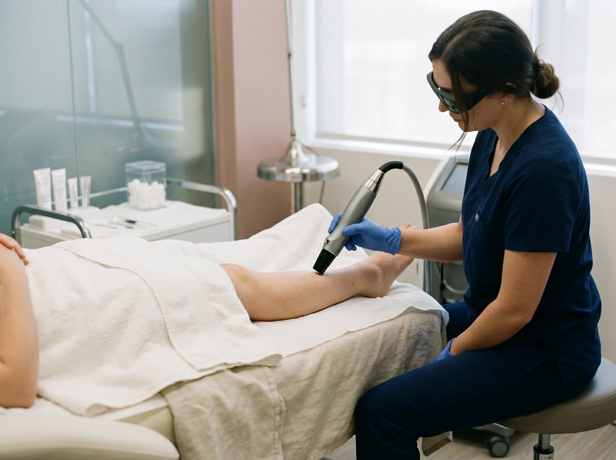 A goggled technician, face turned down and away, guides a handpiece along a draped lower leg.