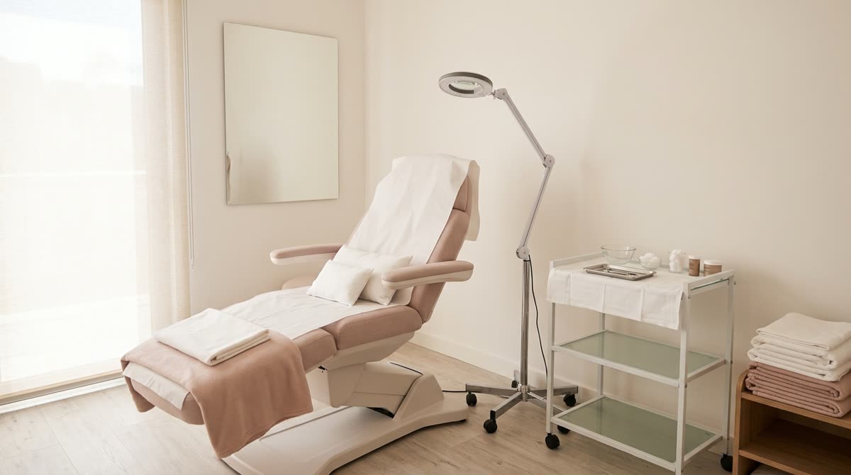 A bright treatment room with a reclining chair, ring lamp, mirror and a small supply trolley.