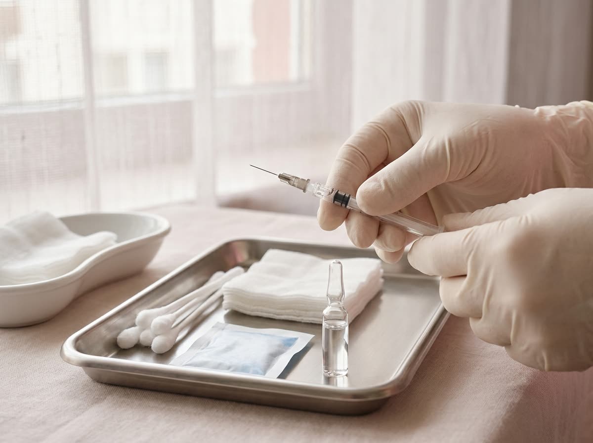 Gloved fingers hold a very fine syringe beside cotton swabs, gauze and a cold pack on a tray.
