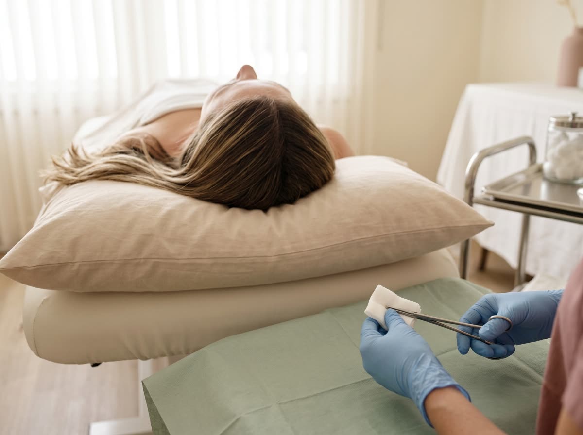 Seen from above a headrest, gloved hands hold gauze near a reclined person whose face is blurred.