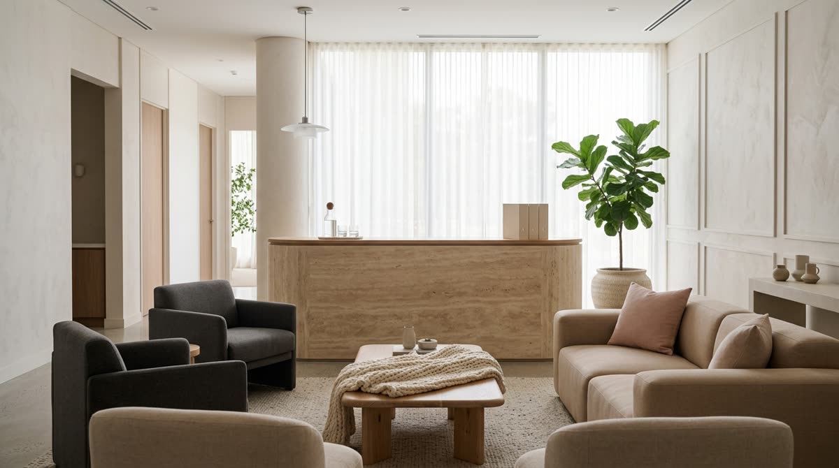 A calm spa reception lounge with low seating, a stone counter and a water carafe.