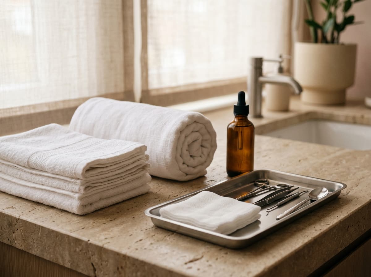 Folded white towels, a plain dropper bottle and stainless implements arranged on a tray.