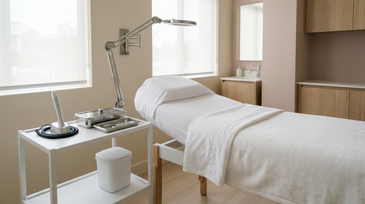 A treatment room with a facial bed, adjustable lamp and a pen device resting on a trolley.