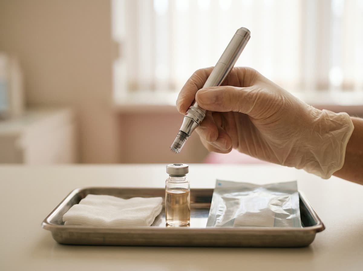 A microneedling pen tip held in gloved fingers beside a small clear vial of serum on a tray.