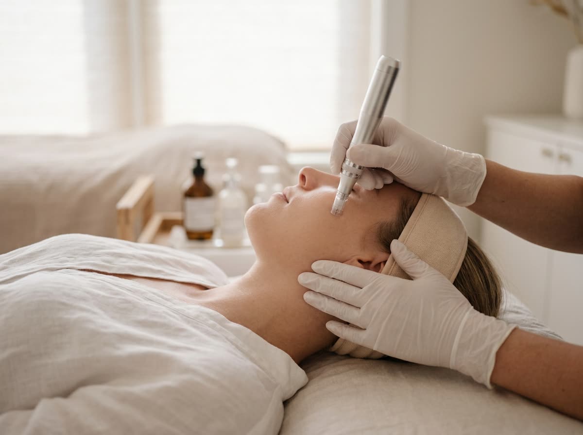 Gloved hands guide a pen device across the cheek of a reclined person whose face is out of focus.